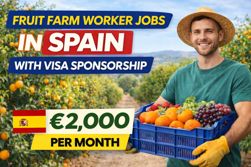 Spain is one of Europe’s largest producers of fruits, including oranges, apples, strawberries, and grapes. The country’s agricultural sector offers many job opportunities, especially during planting and harvesting seasons. Fruit farm worker jobs in Spain with visa sponsorship provide a great opportunity for foreign workers to earn a stable income while working outdoors. These roles are ideal for individuals who enjoy physical work and want to gain international experience in farming. With simple requirements and steady demand, Spain offers excellent work abroad opportunities. Job Details Before applying, it is important to understand the job details so you can prepare properly and meet employer expectations. • Job Title: Fruit Farm Worker • Country: Spain • Job Type: Full-time / Seasonal • Visa Sponsorship: Yes • Experience Required: 0–1 year (training provided) • Education Requirement: No formal education required • Salary Range: €1,200–€2,000 per month • Benefits: Visa sponsorship, accommodation, meals, overtime pay • Hiring Employers: Fruit farms, agricultural companies, food production businesses Job Responsibilities Fruit farm workers are responsible for handling daily agricultural tasks related to fruit production. This role requires physical effort and the ability to work outdoors. • Picking fruits such as oranges, apples, and berries • Sorting and packing fruits for shipment • Planting and watering crops • Maintaining cleanliness on the farm • Operating basic farming tools • Loading and unloading produce • Checking fruit quality and removing damaged items • Following safety and farm guidelines These responsibilities are simple to learn, making the job suitable for beginners. Requirements To apply for fruit farm worker jobs in Spain with visa sponsorship, candidates must meet some basic requirements. • No formal education required • Previous farm or labor experience is a plus but not necessary • Basic English communication skills (Spanish is an advantage) • Physical fitness for outdoor work • Ability to work long hours during harvest seasons • Willingness to work in rural areas • Teamwork and positive attitude • Valid passport and eligibility for visa sponsorship Meeting these requirements can improve your chances of getting hired quickly. Benefits Fruit farm worker jobs in Spain offer several benefits, making them attractive for foreign workers seeking work visa jobs. • Visa Sponsorship: Employers assist with work permits and legal documentation • Accommodation: Free or low-cost housing provided • Meals: Some farms provide meals during working hours • Overtime Pay: Extra income during busy seasons • Training: Learn modern farming techniques • Work Experience: Gain international agricultural experience • Seasonal Opportunities: Possibility of contract extensions These benefits make Spain a good choice for foreign worker jobs in agriculture. Salary Information Salary is an important factor when considering work abroad opportunities. Fruit farm worker jobs in Spain offer steady wages depending on experience and working hours. Workers can earn between €1,200 and €2,000 per month, with hourly wages ranging from €7 to €11 per hour. Overtime opportunities during peak harvest seasons can increase total earnings. With accommodation and meals often provided, workers can save a significant portion of their income while working abroad. How to Apply Applying for fruit farm worker jobs in Spain is simple if you follow the correct process. Many farms are actively hiring foreign workers and offering visa sponsorship. To submit your job application read the steps below step Application Steps: 1. Search for fruit farm worker jobs on job portals or agricultural websites 2. Prepare your CV highlighting any farming or labor experience 3. Gather required documents (passport, references, photos) 4. Submit your application online 5. Attend interviews and complete the visa sponsorship process 6. Click Apply Now to proceed with the application process. Following these steps carefully will improve your chances of securing a job. Final Thoughts Fruit farm worker jobs in Spain with visa sponsorship are an excellent opportunity for individuals looking to work abroad with minimal requirements. These roles provide stable income, hands-on experience, and a chance to live and work in Europe. Whether you are a beginner or have some experience, these are among the best foreign workers jobs available. If you are searching for visa sponsorship jobs, work visa jobs, or work abroad opportunities, Spain is a great place to begin your journey.