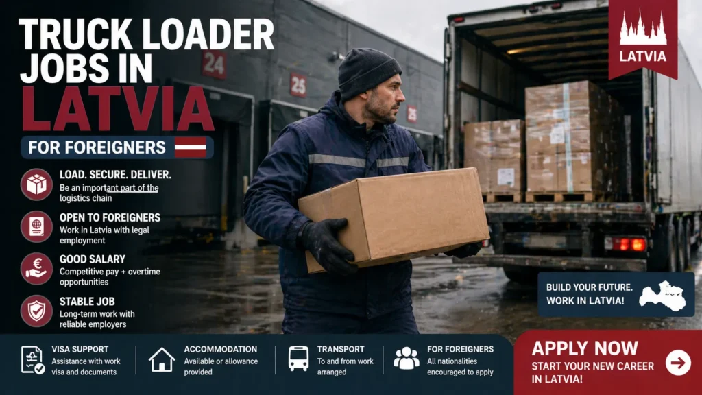 Truck Loader Jobs in Latvia for Foreigners 2026 In 2026, truck loader jobs in Latvia are becoming a practical opportunity for foreign workers seeking stable employment in Europe. Latvia’s logistics and transportation sector is expanding due to its strategic location between Eastern and Western Europe. With busy ports, warehouses, and distribution centers, there is a constant demand for workers who can handle loading and unloading goods efficiently. For foreigners with basic physical fitness and willingness to work, truck loader roles offer an accessible entry point into the European job market. Many employers are open to hiring international workers and may provide visa sponsorship, accommodation, and other support benefits. Job Overview Truck loader jobs in Latvia involve handling goods, loading trucks, and supporting logistics operations in warehouses and transport companies. • Job Title: Truck Loader / Loader Worker / Warehouse Loader / Logistics Assistant • Country: Latvia • Job Type: Full-time / Contract-based • Visa Sponsorship: Available (through employer support) • Experience Required: Not mandatory (basic experience preferred) • Education Requirement: No formal degree required • Salary Range: €900 – €1,500 per month • Work Environment: Warehouses, logistics hubs, transport companies, ports These roles are essential for ensuring the smooth movement of goods across Latvia and the European Union. Why Truck Loader Jobs Are in Demand in Latvia The demand for truck loaders in Latvia is increasing due to several key reasons: • Growth in logistics and supply chain operations • Increasing import and export activities through Baltic ports • Expansion of e-commerce and warehouse distribution • Labor shortages in manual and warehouse jobs • Latvia’s position as a transport hub connecting Europe and Asia As trade continues to grow, companies need reliable workers to manage goods handling and transportation processes. Job Responsibilities Truck loaders perform a variety of manual and support tasks in logistics operations. Common responsibilities include: • Loading and unloading goods from trucks • Sorting and organizing packages in warehouses • Lifting and moving heavy items safely • Using pallet jacks, forklifts, or hand tools (in some cases) • Securing cargo to prevent damage during transport • Checking shipment labels and documentation • Assisting drivers with loading schedules • Maintaining cleanliness in loading areas • Following safety procedures and workplace guidelines These tasks require physical strength, attention to detail, and teamwork. Visa Sponsorship Options Foreign workers can legally work in Latvia through employer-sponsored visa programs. 1. Work Visa (D-Type Visa) The most common option for non-EU workers is the long-stay D visa, which allows employment in Latvia. It is issued based on an approved job offer and employer invitation. 2. Residence Permit with Work Authorization For long-term jobs, workers may receive a residence permit that allows them to live and work legally in Latvia. 3. Seasonal Work Visa Some logistics or warehouse jobs may be seasonal, allowing workers to stay temporarily with employment rights. Employers play a key role in the visa process, including submitting job invitations and ensuring compliance with local labor laws. Salary Expectations Truck loader salaries in Latvia vary depending on experience, workload, and employer: • Entry-level loader: €900 – €1,100 per month • Experienced worker: €1,100 – €1,300 per month • Skilled warehouse loader: €1,300 – €1,500+ per month In some warehouse roles, salaries can reach €1,300–€1,800 per month with additional benefits such as accommodation and transport. Additional benefits may include: • Overtime pay • Free or subsidized housing • Transportation to workplace • Work clothing and safety gear • Assistance with visa processing These benefits make the job more attractive for foreign workers. Requirements for Truck Loader Jobs To qualify for truck loader jobs in Latvia, candidates typically need: • Physical fitness and ability to lift heavy loads • Basic understanding of warehouse operations • Willingness to work long hours or shifts • Ability to follow instructions and safety rules • Basic English communication skills (Latvian or Russian is a plus) • Reliability and teamwork skills Most employers provide on-the-job training, making these roles accessible to beginners. Industries Hiring Truck Loaders Truck loaders are needed across several sectors in Latvia: 1. Logistics and Warehousing Distribution centers require workers for loading and unloading goods. 2. Transportation Companies Freight and trucking companies need loaders to assist drivers. 3. Ports and Shipping Latvia’s ports handle large volumes of cargo, requiring manual labor. 4. Retail and E-commerce Warehouses supporting online shopping need staff for packing and loading. 5. Manufacturing Factories require loaders to handle raw materials and finished products. These industries are essential to Latvia’s economy and rely heavily on manual labor. Work Conditions Truck loader jobs in Latvia typically involve: • Physically demanding work • Standing for long hours • Working in warehouses or outdoor environments • Shift-based schedules, including nights and weekends • Exposure to cold or hot temperatures depending on location • Strict safety procedures Employers provide protective equipment and safety training to ensure worker protection. Benefits of Working in Latvia Working as a truck loader in Latvia offers several advantages: • Opportunity to work in the European Union • Legal employment through visa sponsorship • Stable income with potential overtime • Employer-provided accommodation in some cases • Chance to gain international work experience • Potential pathway to long-term residence Latvia offers a relatively low cost of living compared to many Western European countries, making it easier for workers to save money. How to Apply To apply for truck loader jobs in Latvia as a foreigner: • Search for jobs on European job portals or recruitment agencies • Apply for warehouse or logistics positions offering visa sponsorship • Prepare a basic CV highlighting physical work experience • Submit documents such as passport and references • Attend interviews (online or in person) • Receive a job offer from a Latvian employer • Employer submits invitation for work visa • Apply for D-type visa or residence permit • Click Apply Now to get started Always ensure that job offers are legitimate and approved by Latvian authorities. Challenges of Working in Latvia While truck loader jobs offer opportunities, workers may face some challenges: • Physically demanding and repetitive tasks • Language barriers in the workplace • Cold weather conditions in winter • Moderate salary levels compared to Western Europe • Adjustment to new culture and environment However, many workers adapt successfully and find long-term stability. Final Thoughts Truck loader jobs in Latvia for foreigners in 2026 provide a realistic and accessible pathway to work in Europe. With growing demand in logistics, warehousing, and transportation sectors, employers continue to hire international workers to fill labor shortages. For individuals willing to perform physical work and adapt to a new environment, these jobs offer steady income, valuable experience, and the possibility of building a future in Europe. In 2026, truck loader roles remain one of the most accessible entry-level job opportunities for foreign workers in Latvia.